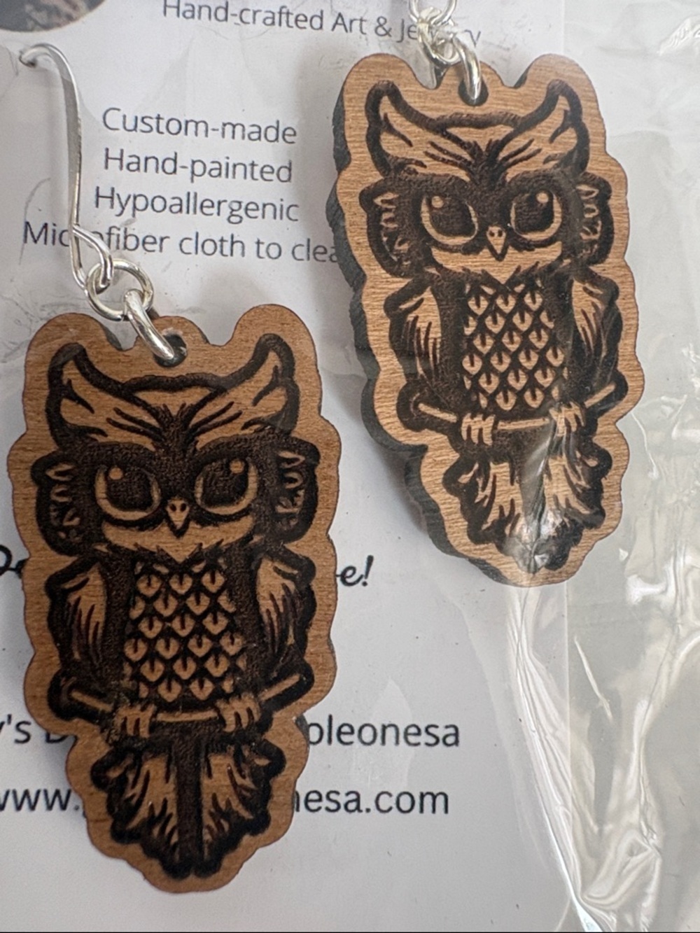 Glowing Leonesa dangle owl earrings hand-crafted jewelry